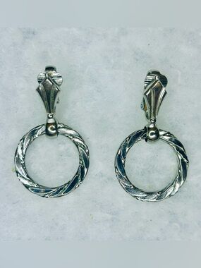 Sterling Silver Textured Hoop Drop Earrings - Silver